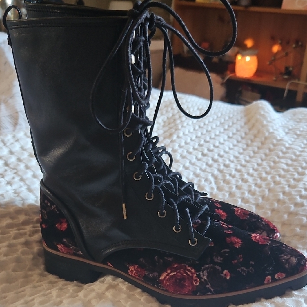 Luxury Rebel Black and Floral Lace-Up Boots